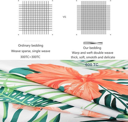 FADFAY Tropical Red Hibiscus Palm Leaves Duvet Cover Set Super Soft Summer Bedding 100% Cotton Soft with Hidden Zipper Closure Queen Size 3-Pieces