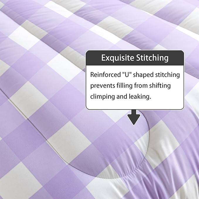 Gingham Comforter Set for Girls,Light Purple Kawaii Plaid Checkered Bedding Full Size,Modern Geometric Bedding for Women Girls Kids,Farmhouse Grid Bed Comforter Set 1 Quilt 2 Pillowcases