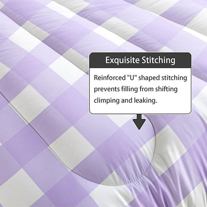 Gingham Comforter Set for Girls,Light Purple Kawaii Plaid Checkered Bedding Queen Size,Modern Geometric Bedding for Women Girls Kids,Farmhouse Grid Bed Comforter Set 1 Quilt 2 Pillowcases