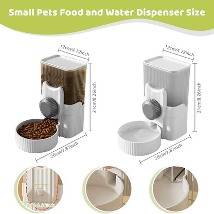 Hanging Cage Automatic Small Pet Food Bowl Water Bottle Dispenser, 1L Auto Gravity Pet Feeder and Waterer Set Kennel Feeding Station Crate Feeder Dish for Rabbit Puppy Cats Ferret (Grey)