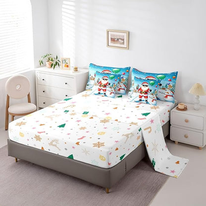 Castle Fairy Skiing Santa 7 Pieces Bedding Set Queen Bed in a Bag,Merry Christmas House Gifts Snowman Comforter Set,Farmhouse New Year Decor Soft Warm Microfiber Bedding