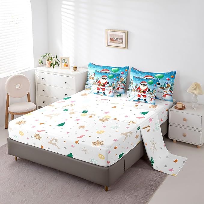 Castle Fairy Skiing Santa 7 Pieces Bedding Set Full Bed in a Bag,Merry Christmas House Gifts Snowman Comforter Set,Farmhouse New Year Decor Soft Warm Microfiber Bedding