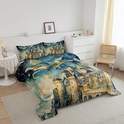 Teens Cartoon Dragon Comforter Set Queen Size,Watercolor Castle Bedding Set for Kids Boys Girls Bedroom Decoration,Dreamy Starry Sky Bed Duvet Insert,Fairy Tale Theme Comforter with 2 Pillowcases