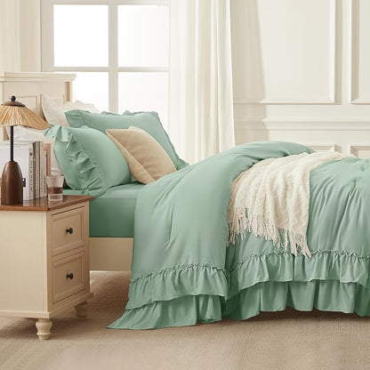 Andency Sage Green Twin Size Comforter Set, 2 Pieces Boho Lightweight Fluffy Ruffle Bedding Set & Collections, All Season Soft Polyester Farmhouse Shabby Chic Bed Set for Kids (66x90In Comforter)