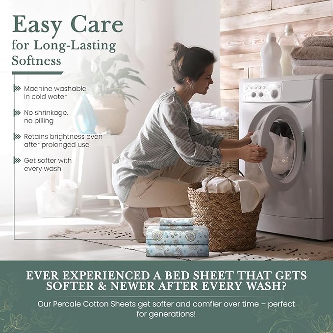 Feather & Stitch Softest 100% Cotton Sheets, 300 Thread Count Percale Weave Bedding, 16" Deep Pocket, Cooling Sheets, Breathable Bed Set, Hotel Premium Quality (Full, Aqua Paisley)