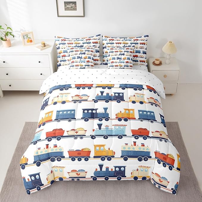 Castle Fairy Cartoon Train Comforter Set Twin Size,Transport Vehicles Bedding Set for Kids Teens,Vintage Train Tracks (Comforter+Fitted+Flat Sheet+2 Pillowcases+2 Throw Pillow Covers) 7 Pieces