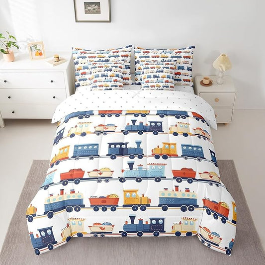 Castle Fairy Cartoon Train Comforter Set Twin Size,Transport Vehicles Bedding Set for Kids Teens,Vintage Train Tracks (Comforter+Fitted+Flat Sheet+2 Pillowcases+2 Throw Pillow Covers) 7 Pieces