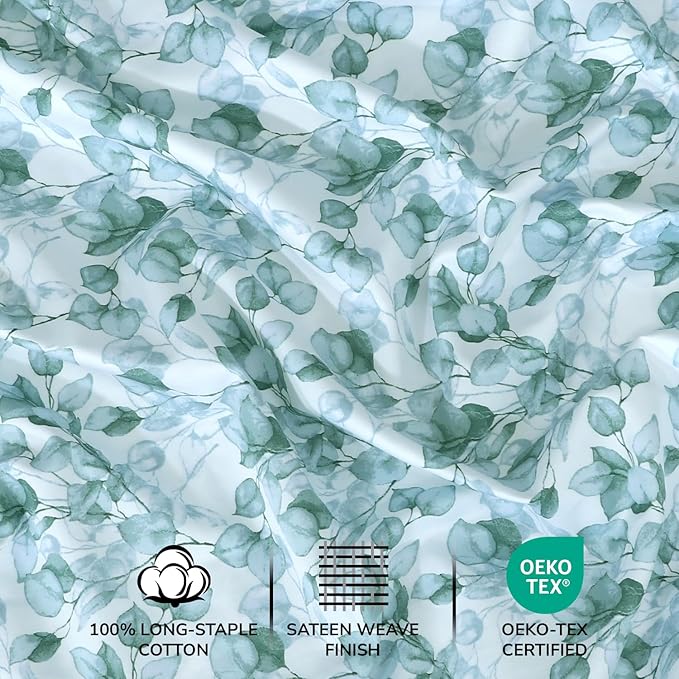 Feather & Stitch Printed 500 TC King Size 4pc Damask Bed Sheet Set, 100% Soft Cotton Breathable Bedsheets, 18" Deep Pockets Sateen Weave Striped Bedding Mattress Resort Hotel Luxury Decor - Green Leaf