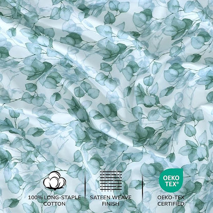 Feather & Stitch 500 TC Split King Size Sheet Set, 5 Piece Bed Sheets Set-2 Twin Fitted Sheet, 1 King Flat Sheet & 2 King Pillowcases, 18" Deep Pockets Sateen Weave Striped Bedsheet - Green Leaf