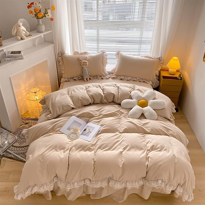 Chic Ruffle Lace Polyester Duvet Cover Set - Luxury Premium Champagne Bedding-2 Piece Twin Duvet Cover with Zipper Closure -Ultra Soft and Light Weightt (Champagne, Twin)-NO Including Comforter