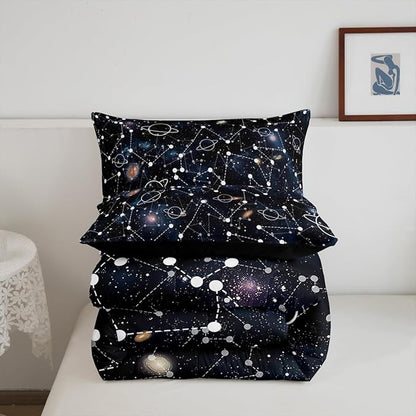 Erosebridal Starry Sky Comforter Set Queen Size Constellation Bedding Set Galaxy Sun Moon Down Comforter Purple Universe Print Bedroom Decor Quilt Set for Kid Men Women