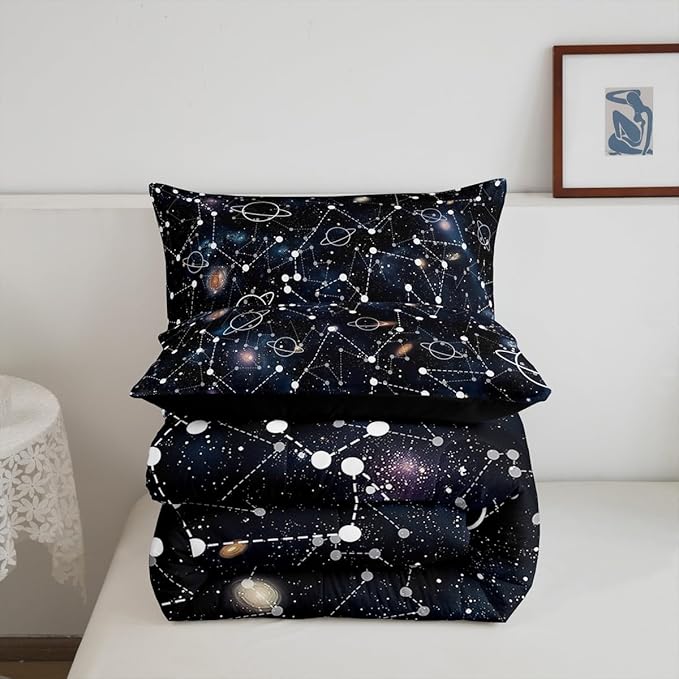 Erosebridal Starry Sky Comforter Set King Size Constellation Bedding Set Galaxy Sun Moon Down Comforter Purple Universe Print Bedroom Decor Quilt Set for Kid Men Women
