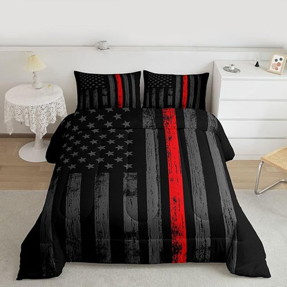 Erosebridal American Flag Comforter Set Full Black Grey Red Line Flag Bedding Set for Men Boys Kids Girls Novelty Star Stripe Down Comforter Retro Vintage Flags Bedding Sets & Collections