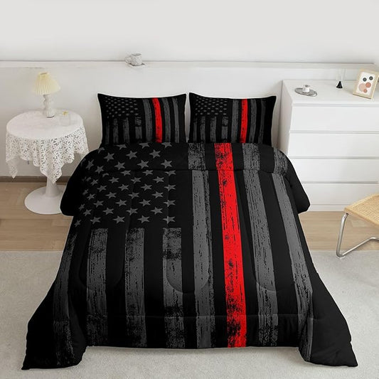 Erosebridal American Flag Comforter Set Queen Black Grey Red Line Flag Bedding Set for Men Boys Kids Girls Novelty Star Stripe Down Comforter Retro Vintage Flags Bedding Sets & Collections