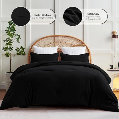 CozyLux Oversized King Comforter Set Black, 3 Pieces 120x98 Solid Breathable Quilted Bedding Sets for All Seasons, Luxury Soft Lightweight Bed Set with Down Alternative Comforter and 2 Pillowcases