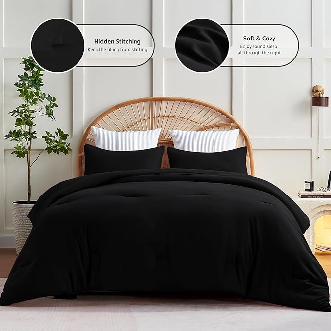 CozyLux California King Comforter Set Black, 3 Pieces Cal King Solid Breathable Bedding Quilted Sets for All Seasons, Luxury Soft Lightweight Bed Set with Down Alternative Comforter and 2 Pillowcases