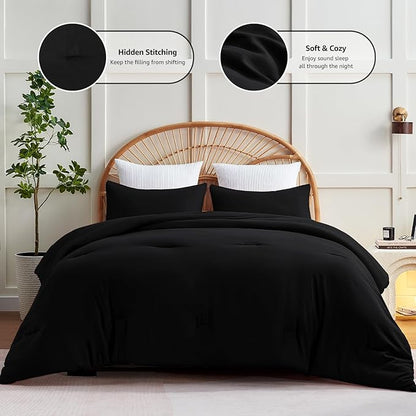CozyLux Oversized Queen Comforter Set Black, 3 Pieces 98x98 Solid Breathable Quilted Bedding Sets for All Season, Luxury Soft Lightweight Bed Set with Down Alternative Comforter and 2 Pillowcases
