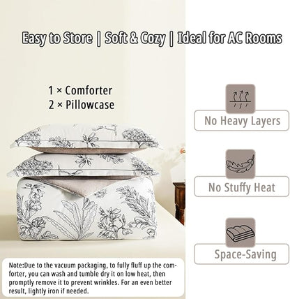 Floral Cotton Comforter King Size 3Pcs - Vintage Design with Luxurious Black Sketched Flowers & Leaves on Cream, Retro Taupe Reversible Lightweight Bedding Sets with Soft Fill(104"×90")
