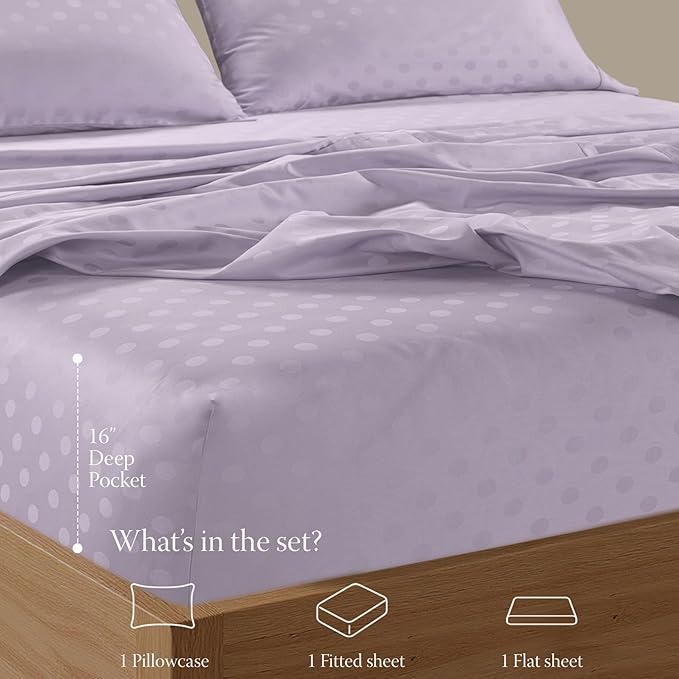 Threadmill Cotton Twin Sheet Set | 100% Cotton Sheets for Twin Size Bed | Damask Jacquard Sateen Twin Bed Sheets Set with 16” Deep Pocket | Soft Breathable 3-Piece Cooling Sheet Set | Lilac