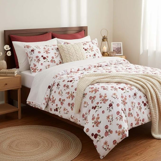 Nayoroom Vintage Floral Comforter Set Queen Size Red Pink Flower Botanical Leaf Pattern Spring Bedding Set 3 Pieces Soft Lightweight Aesthetic Garden Comforter for All Seasons