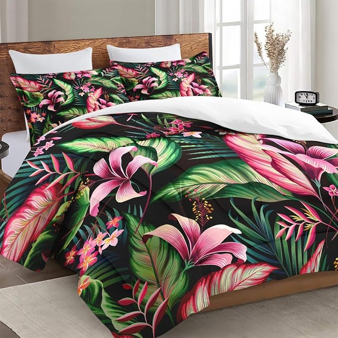 Twin Size Comforter Set with Pillowcase, Tropical Leaves Flower Hibiscus Soft 2 Pcs Bedding for Kids and Adults Bedroom Bed Decor