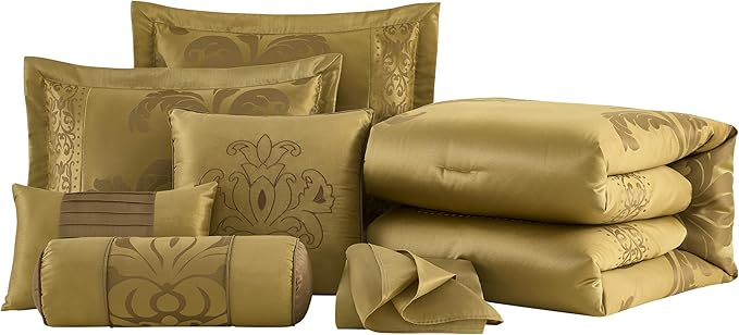 Chezmoi Collection 7-Piece Jacquard Floral Comforter Set (Queen, Gold)