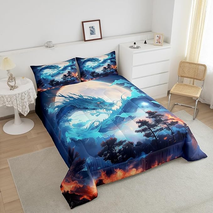 Blue Dragon Comforter Set Queen Size,Volcano Moon Starry Sky Bedding Set,Kids Boys Girls Room Decor Jungle Animals Western Magical Quilt Set Exotic Trippy Wildlife Style Duvet Insert,2 Pillowcases