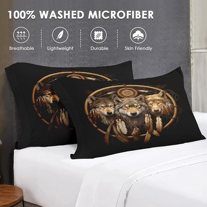 King Size Comforter Set with 2 Pillowcases, Black Tribal Three Wolf 3 Pcs Bedding for Kids and Adults, American Boho Feather Dreamcatcher Soft Comforter Set for Bedroom Bed Decor