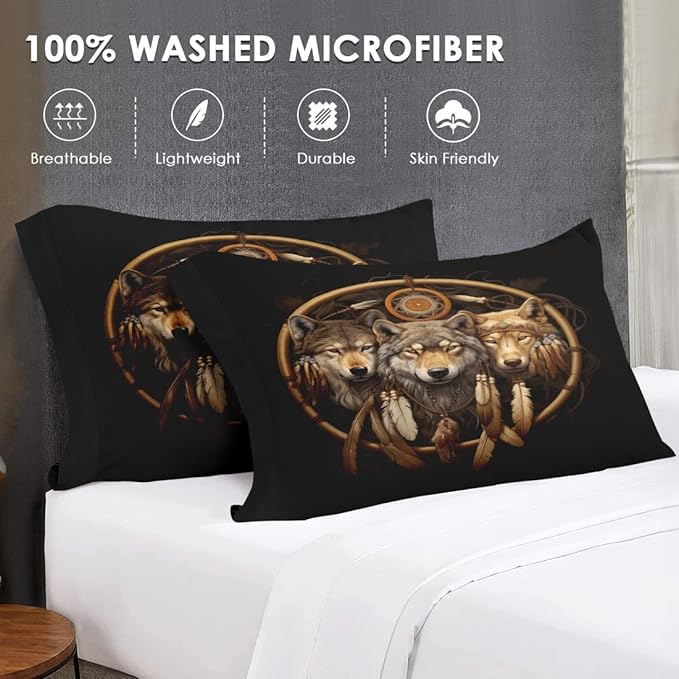Twin Size Comforter Set with Pillowcase, Black Tribal Three Wolf 2 Pcs Bedding for Kids and Adults, American Boho Feather Dreamcatcher Soft Comforter Set for Bedroom Bed Decor