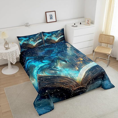 Flying Dragon Comforter Set King Size Magical Book Pattern Bedding Set Bedroom Decor Vintage Mid-Century Castle Quilt Set Comfortable Breathable Neon Burning Flame Duvet Insert 3Pcs