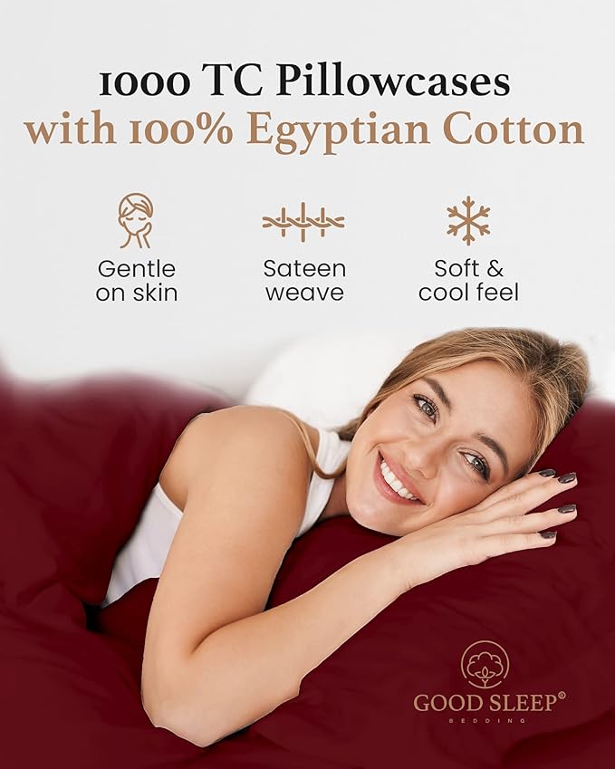1000 TC Burgundy Standard Pillowcases Set of 2 100% Egyptian Cotton Pillow Cases with Long Staple Cotton & Sateen Weave, Silky Soft Hotel - Like Bed Pillow Covers for Comfy Sleeping, Snug Fit