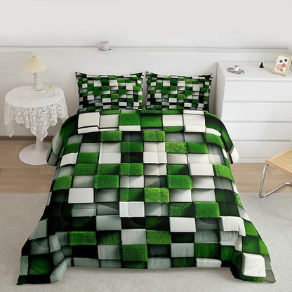 Pixelated Miners Game Kid Comforter Set Queen Size,Video Games Cartoon Gamepad Bedding Set,Boy Room Decor,Modern Geometric Check Quilt Comforter,Green White Duvet Set Bedroom Quilt Set,2 Pillowcases