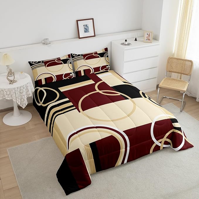 Erosebridal Modern Geometric Comforter Set Red Brown Black Stripes Down Comforter Full Size Retro Circle Swirls Bedding Set Bedroom Decor Abstract Texture Color Art Comforter for Kids Adult
