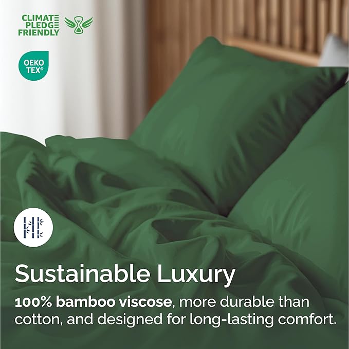 100% Rayon Derived From Bamboo - Sheets Twin Size - Cooling Sheets for Twin - Soft, Breathable & Hotel Luxury Bedding - 1 Flat & 1 Fitted & 1 Pillowcase w/ 16 Inch Deep Pockets - Emerald Green