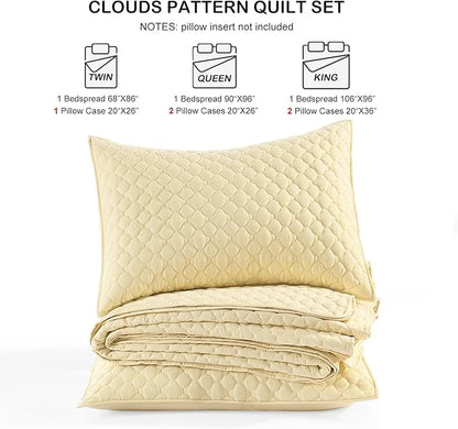 HORIMOTE HOME Quilt King Size Light Yellow, Lightweight Quilt for Summer, Ultra-Soft Microfiber Modern Style Quilted Clouds Pattern Bedspread Quit Set 3 Pieces(1 Quilt and 2 Pillow Shams)