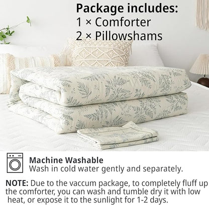 Botanical Cotton Comforter Queen Size - Dusty Green Comforter Printed with Luxurious Greyish-Green Ferns on Beige,Reversible Lightweight Bedding Sets 3Pcs(90"×90")