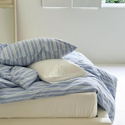 Blue Striped Duvet Cover Twin, 100% Washed Cotton Blue White Stripes Pattern Printed Bedding Set, 3 Pieces Soft Breathable Comforter Cover with Zipper Closure, Retro Striped Farmhouse Bedding Set