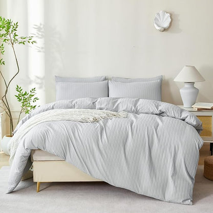 Comforter Set Queen Light Grey Striped Washed Microfiber 3 Pieces Jacquard Bedding, Grey Vertical Ticking Stripes Comforter with 2 Pillowcases, Luxury Soft Breathable Durable Comfy