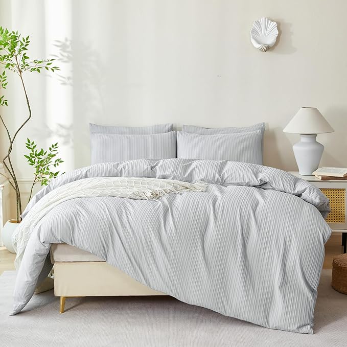 Light Grey Comforter Set King Soft Luxury Washed Microfiber Jacquard 3 Pieces Bedding Set, Grey Vertical Ticking Stripes Pattern Comforter with 2 Pillowcases Breathable Durable Comfy