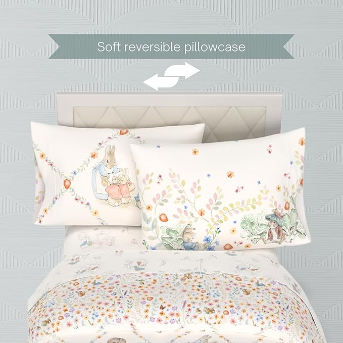 Peter Rabbit Book Bedding Set, Twin Size 5-Piece Super Soft Fluffy Reversible Comforter & Sheet Set with Sham, Storybook Friends Easter & Spring, (100% Officially Licensed Product) by Franco Heritage