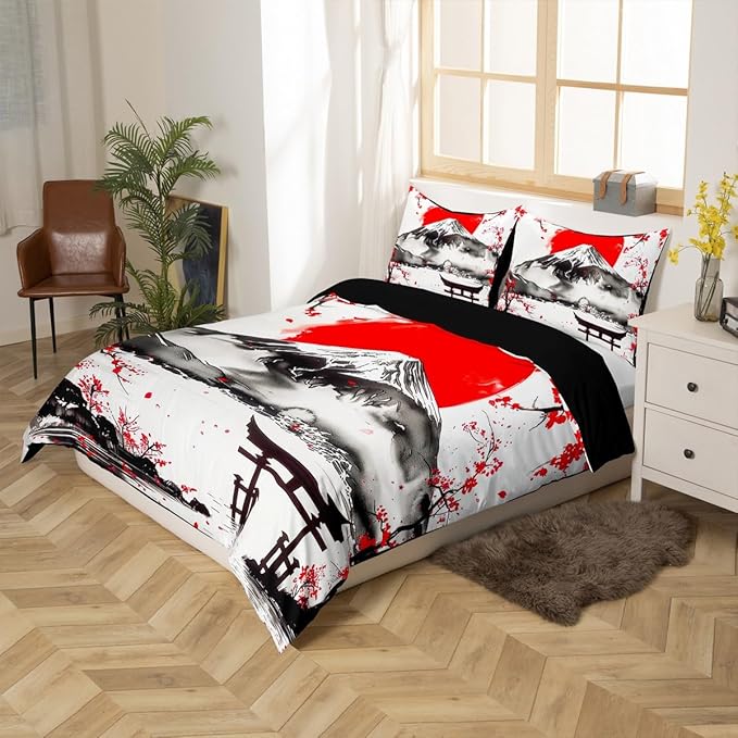 Feelyou Japanese Theme Bedding Set King Size Fujiyama Duvet Cover for Adult Kids Boys Girls Cherry Blossom Comforter Cover Set Natural Landscape Bedspread Cover 3Pcs Zipper