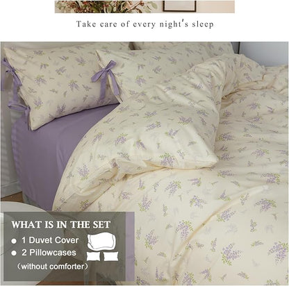 VM VOUGEMARKET Purple Flower Duvet Cover Set Full 3 Pieces Cream Duvet Cover with Bow Ties,Cottagecore Bedding Set 100% Cotton Vintage Country Comforter Cover for Teens Girls Without Filling-80 x90