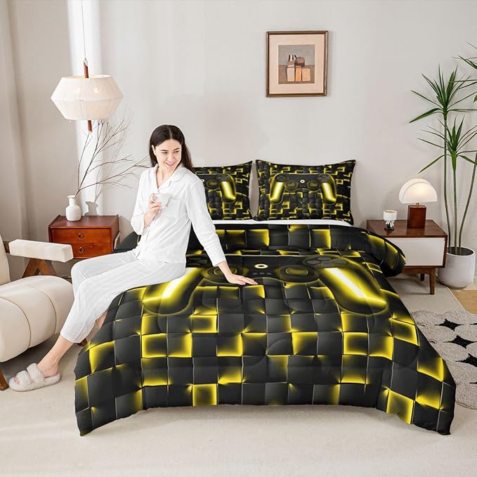 Erosebridal Geometric Gamepad Bed Comforter Set Gaming Bedding Sets Gamer Comforter Sets Queen Size for Kids Boys Teen,Black Gold Neon Lights Game Console Quilt Duvet 1 Comforter with 2 Pillow Cases