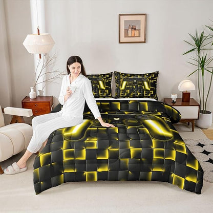 Erosebridal Geometric Gamepad Bed Comforter Set Gaming Bedding Sets Gamer Comforter Sets King Size for Kids Boys Teen,Black Gold Neon Lights Game Console Quilt Duvet 1 Comforter with 2 Pillow Cases