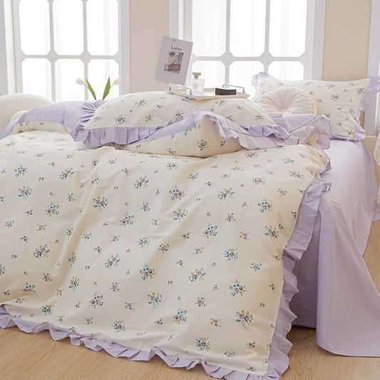 HighBuy Twin XL Comforter Set Ruffled Fluffy Lavender Flower Bedding Set for Women Girls Coquette Cottagecore Lace Ruffle Comforter and 2 Pillow Shams for All Season