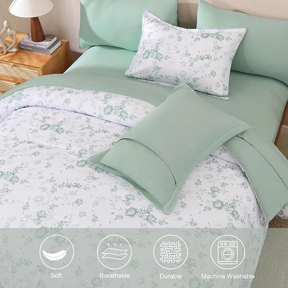 Luxudecor Floral Queen Comforter Set 7 Pieces Bed in a Bag, Green Rose Romantic Flower Bed Set, Soft Reversible Comforter with Sheet Set 90"x90"