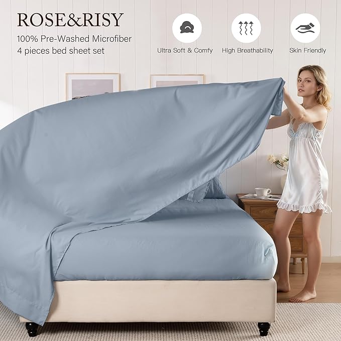 ROSE&RISY Blue Grey Sheets Queen Sheet Set, Pre-Washed Cotton-Like Brushed Microfiber, 4 Pcs Super Soft Breathable Cooling Bed Sets,Includes 1 Fitted, 1 Flat, 2 Pillowcases (Blue Grey, Queen)