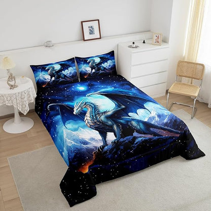 Dragon Comforter Set King Size,Snow Mountain Starry Sky Galaxy Duvet Insert for Kids Boys Men Teens Room Decor,Glitter Star Trippy Bedding Set 3Pcs,Western Magical Animal Blue Quilt Set,2 Pillowcases