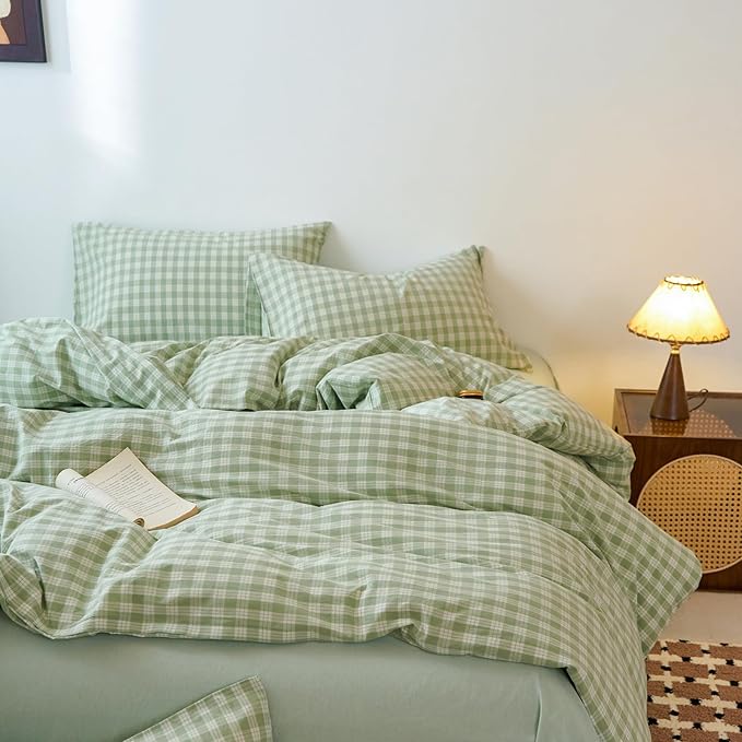 EAVD Vintage Style Green&White Plaid Gingham Duvet Cover Full Soft 100% Washed Cotton Fresh Grid Checkered Gingham Bedding Set with 2 Pillowcases Farmhouse Green Plaid Duvet Cover with Zipper Closure