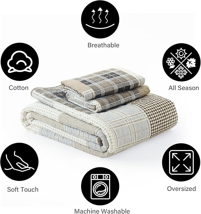 PANGUSHAN 100% Cotton Quilt Set Queen Size, Queen Size Farmhouse Plaid Patchwork Reversible Rustic Quilt Bedding Set Quilted Bedspread Lightweight Comforter for Queen Bed, 3pcs, Gray/Cream/Beige